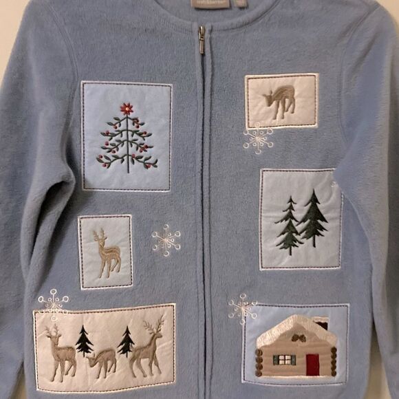 Cozy Winter Vibes Croft & Barrow Blue Fleece Christmas Zip-Up Cardigan - Picture 5 of 6